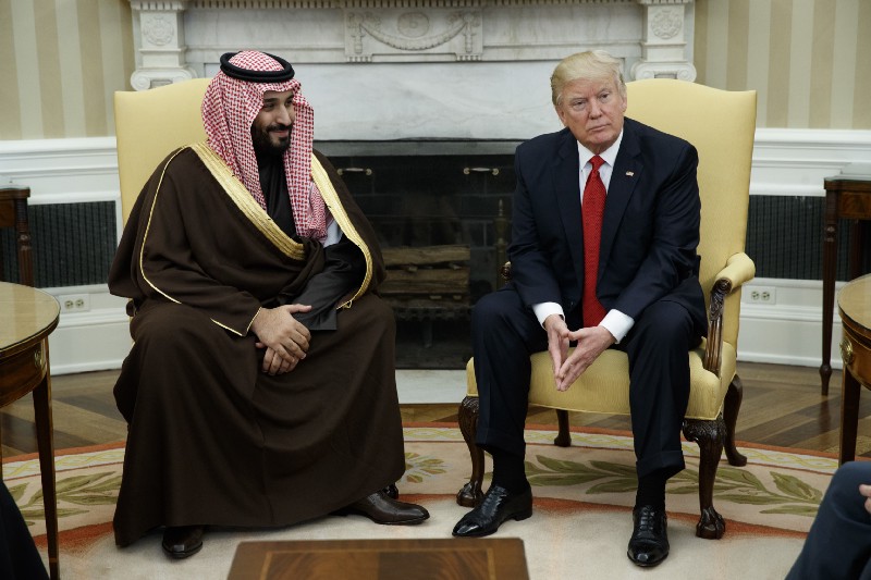 President Donald Trump meets with Saudi Defense Minister and Deputy Crown Prince Mohammed bin Salman bin Abdulaziz Al Saud in the Oval Office of the White House in Washington, Tuesday, March 14, 2017. CREDIT: AP Photo/Evan Vucci