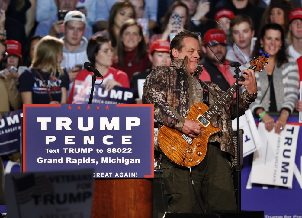 Nugent performs at a campaign rally for Republican presidential candidate Donald Trump in Grand Rapids, Michigan on the night before the election. CREDIT: AP Photo/Paul Sancya