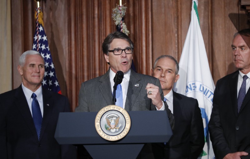 Energy Secretary Rick Perry, center speaks at EPA headquarters in Washington, D.C., on March 28, 2017. CREDIT: AP Photo/Pablo Martinez Monsivais