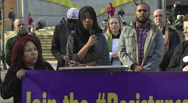 Participants at the “pray-in” outside Amazon’s headquarters in February. CREDIT: YouTube/Screengrab/SEIU