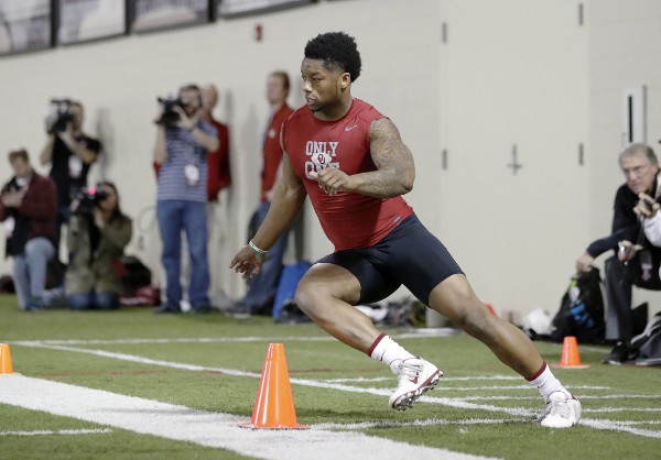Running back Joe Mixon runs a drill at Oklahoma’s Pro Day, Wednesday, March 8, 2017, in Norman, Okla. The event is to showcase players for the upcoming NFL football draft. CREDIT: AP Photo/Alonzo Adams