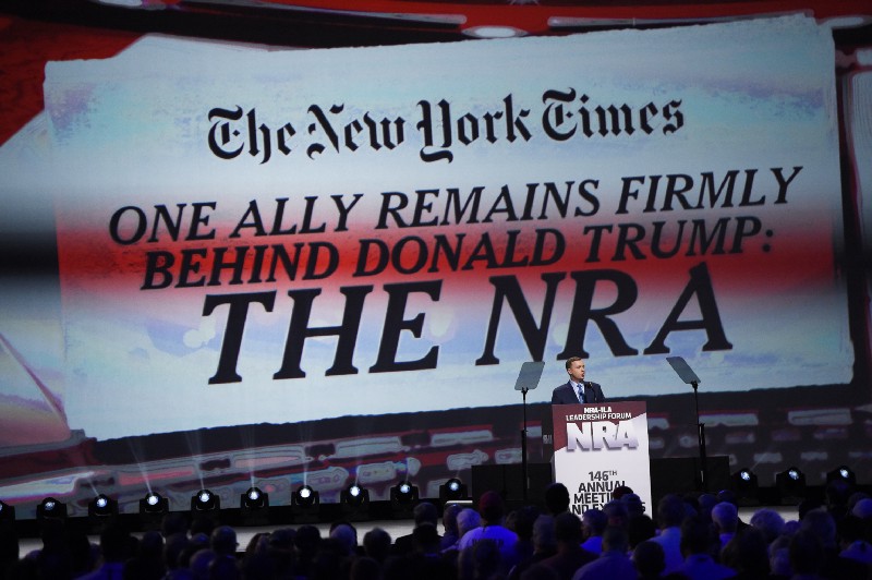 NRA chief lobbyist Chris Cox speaks ahead of President Donald Trump during the National Rifle Association-ILA Leadership Forum, Friday, April 28, 2017, in Atlanta. The NRA is holding its 146th annual meetings and exhibits forum at the Georgia World Congress Center. CREDIT: AP Photo/Mike Stewart