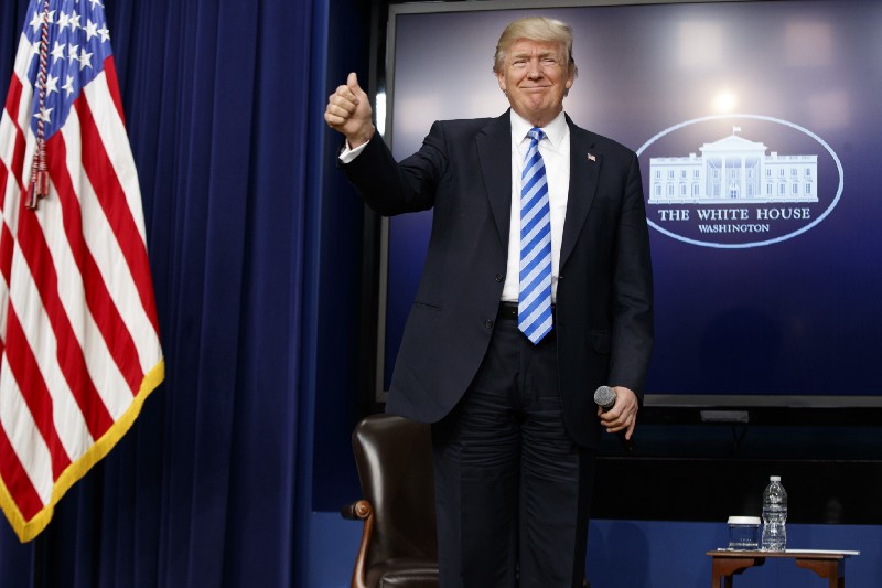 President Donald Trump at a town hall with business leaders on Tuesday. CREDIT: AP Photo/Evan Vucci
