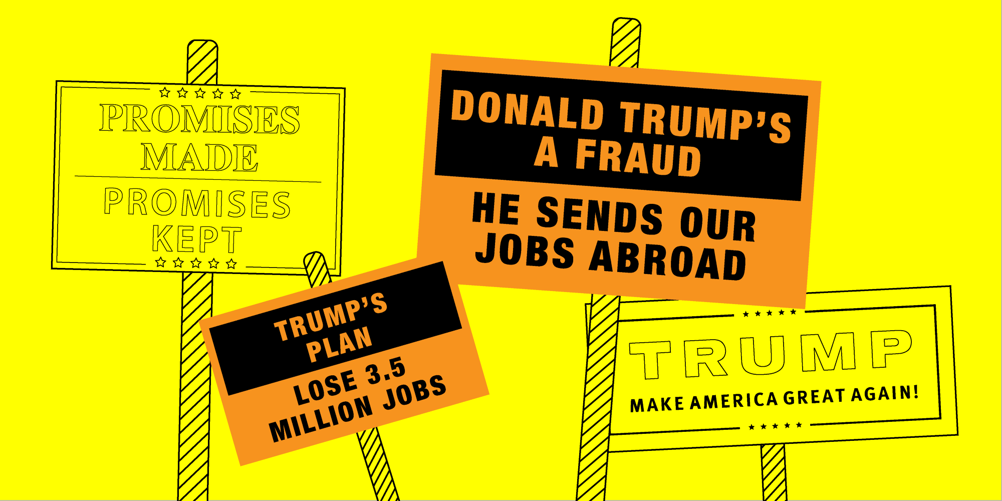 Signs from Trump rallies and from protests of Trump’s visit to Carrier Factory; CREDIT: Diana Ofosu