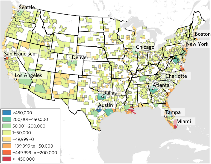 Net changes in population by metropolitan area due to migration from sea-level rise. CREDIT: Nature Climate Change