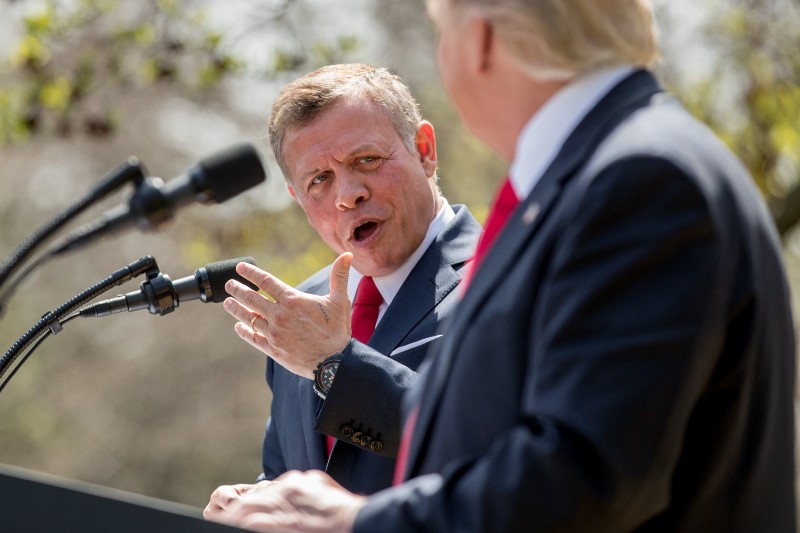 Jordan’s King Abdullah II, accompanied by President Donald Trump, right, speaks during a news conference in the Rose Garden at the White House, Wednesday, April 5, 2017, in Washington. CREDIT: AP Photo/Andrew Harnik