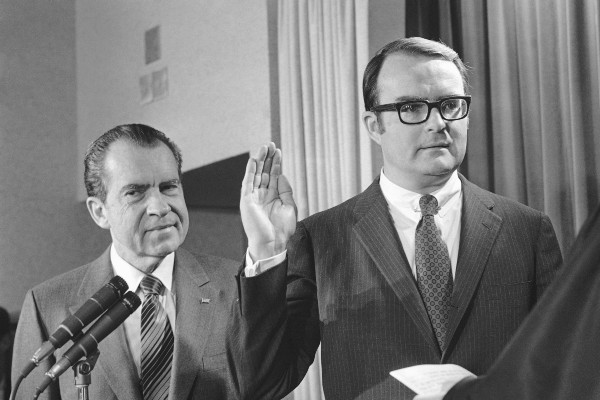 William D. Ruckelshaus is sworn in as administrator of the new Environmental Protection Agency with President Richard Nixon, December 1970. CREDIT: AP Photo/Charles Tasnadi
