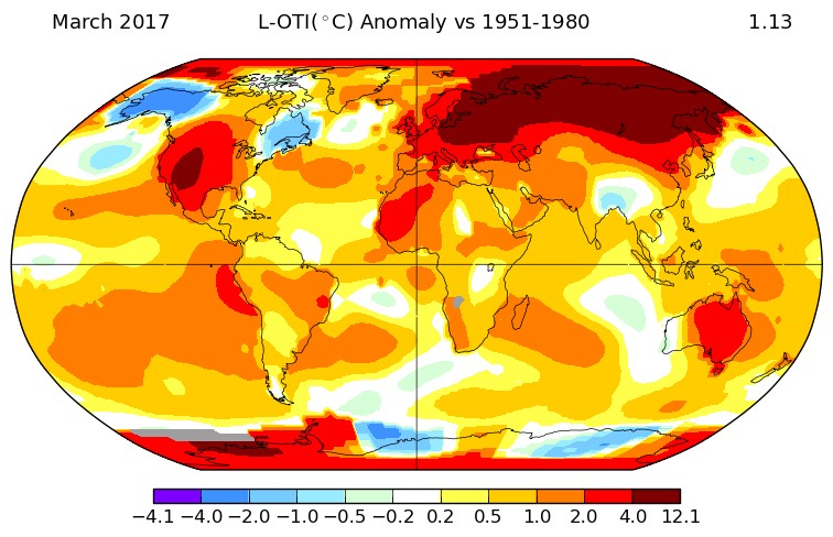 NASA’s land and ocean temperature index (deviation from 1951–1980 average) for March. CREDIT: NASA