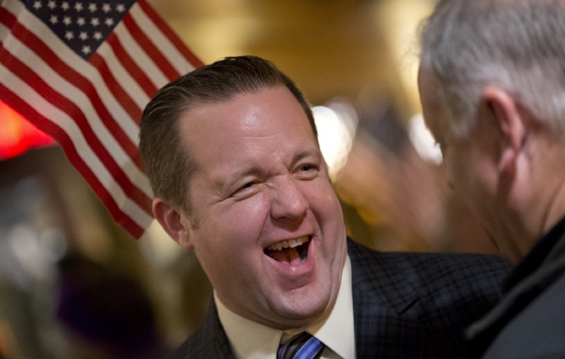 Republican candidate for Governor of Virginia, Corey Stewart, gestures at a campaign kickoff rally at a resturaunt in Occoquan, Va., Monday, Jan. 23, 2017. CREDIT: AP Photo/Steve Helber