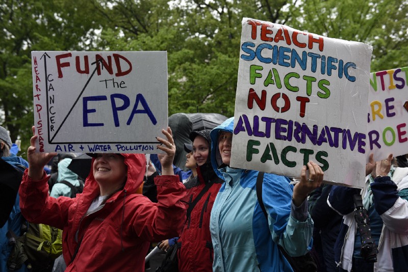 People protest proposed cuts of the Environmental Protection Agency’s budget at the March for Science in Washington, D.C. on April 22, 2017. CREDIT: AP Photo/Sait Serkan Gurbuz