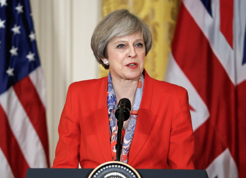 British Prime Minister Theresa May speaks during a news conference with President Donald Trump, Friday, Jan. 27, 2017, in the East Room of the White House in Washington. CREDIT: AP Photo/Pablo Martinez Monsivais