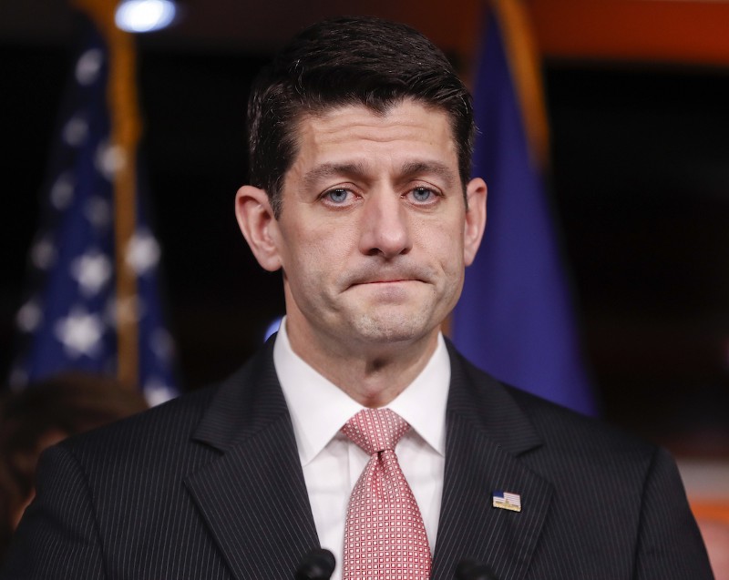 House Speaker Paul Ryan of Wis. pauses during a news conference on Capitol Hill in Washington, Thursday, April 6, 2017. CREDIT: AP/Pablo Martinez Monsivais