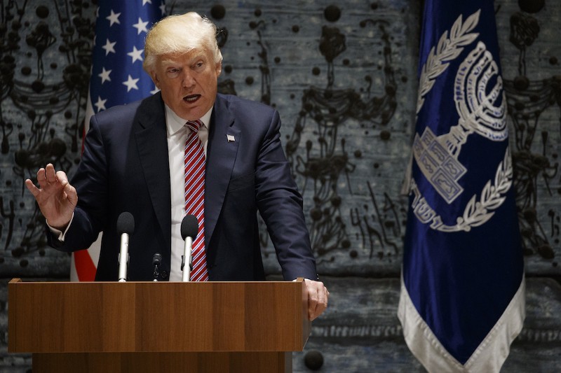 President Donald Trump gestures while speaking with Israeli President Reuven Rivlin, Monday, May 22, 2017, in Jerusalem. CREDIT: AP/Evan Vucci