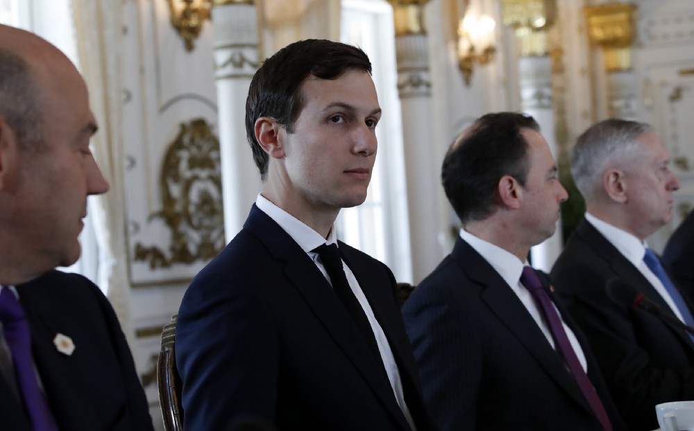 White House Senior Adviser Jared Kushner, second from left, White House Chief of Staff Reince Priebus, third from left, and Defense Secretary Jim Mattis, right, listen during a bilateral meeting with President Donald Trump and Chinese President Xi Jinping at Mar-a-Lago on April 7, in Palm Beach, Florida. A workshop for investors in Beijing on Friday headlined by Nicole Kushner, Jared’s sister, has raised questions about the family’s business interests in China. (Alex Brandon/AP)