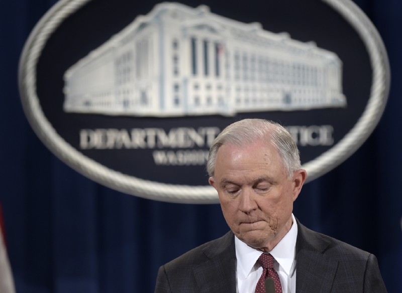 Attorney General Jeff Sessions pauses during a news conference at the Justice Department in Washington, Thursday, March 2, 2017. Sessions said he will recuse himself from a federal investigation into Russian interference in the 2016 White House election. CREDIT: AP Photo/Susan Walsh