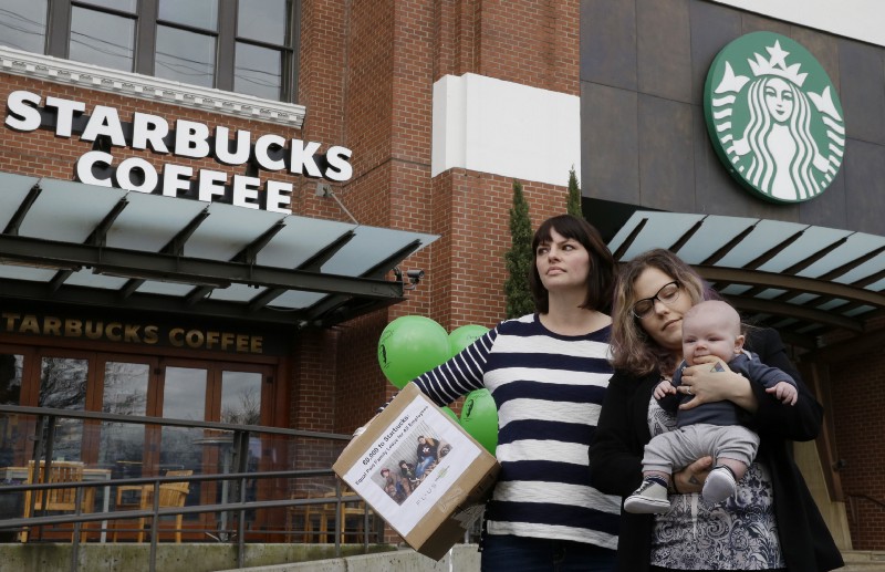 Starbucks baristas Jessica Svabenik, left, who’s expecting a child, and Kristen Picciolo, right, who didn’t get any paid leave. CREDIT: AP Photo/Ted S. Warren