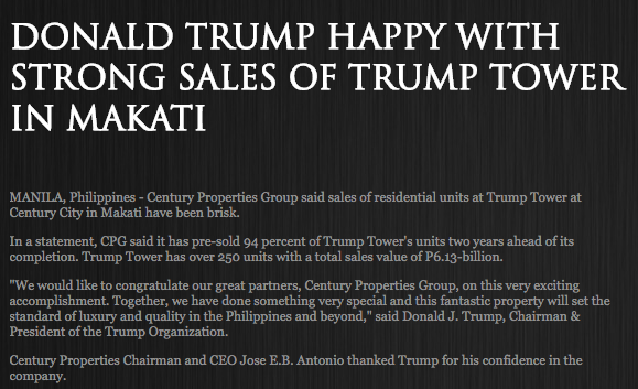 Screenshot of press release on .trumptowerphilippines.com