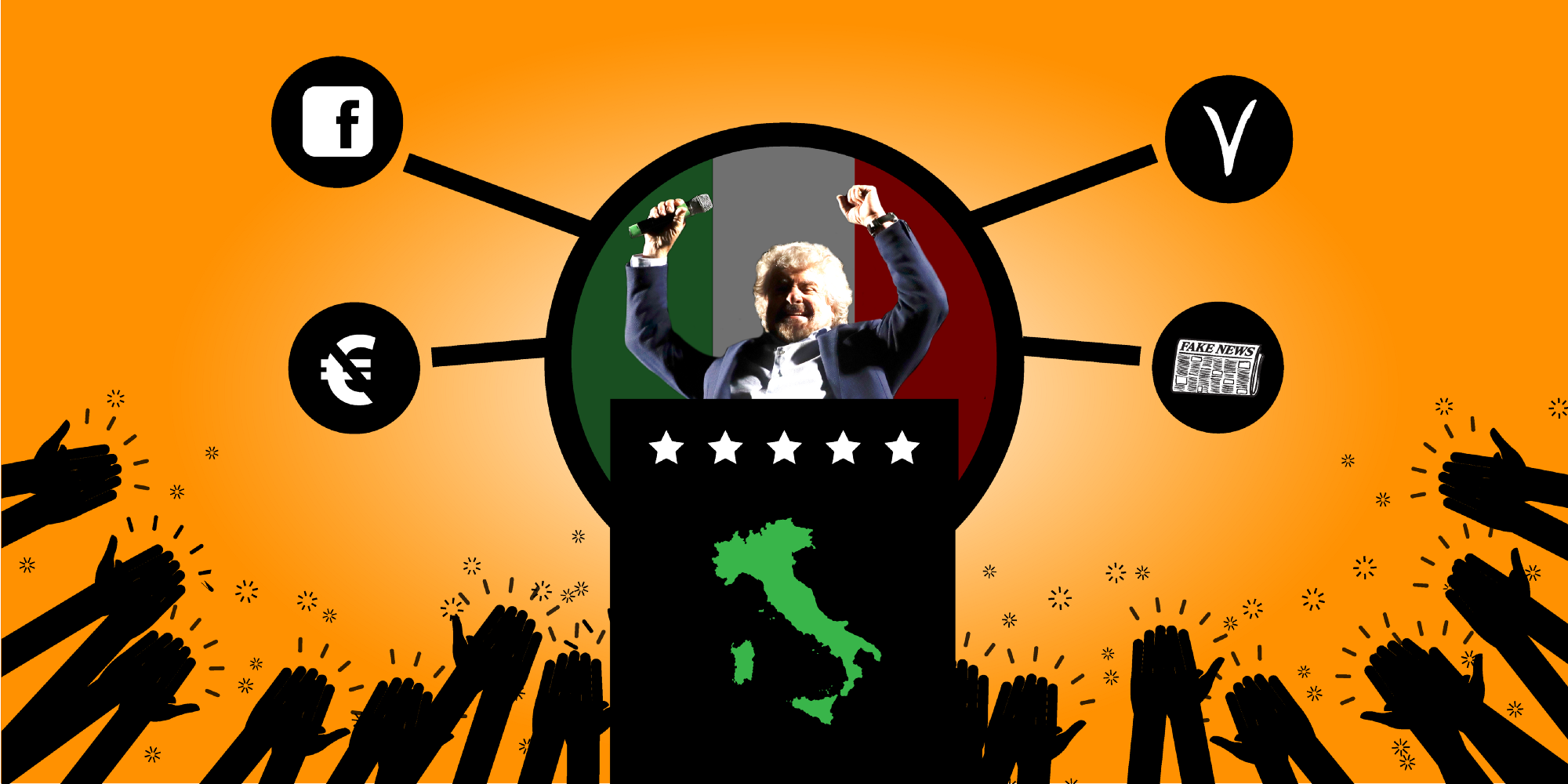 Five Star Movement co-found Beppe Grillo. CREDIT: Illustration by Diana Ofosu