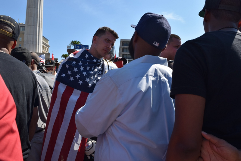 Monument supporter and opponents debate racism and history at Lee Circle. CREDIT: Aviva Shen