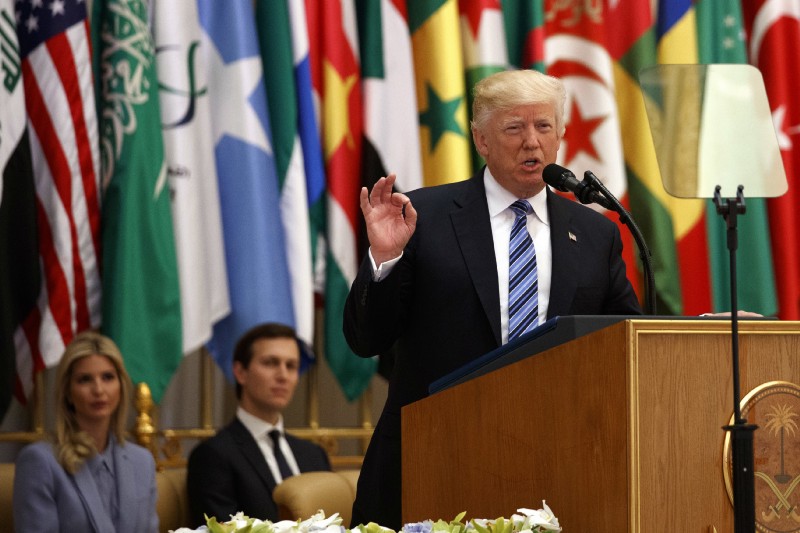 President Donald Trump delivers a speech to the Arab Islamic American Summit, May 21, 2017, in Riyadh, Saudi Arabia. CREDIT: AP Photo/Evan Vucci