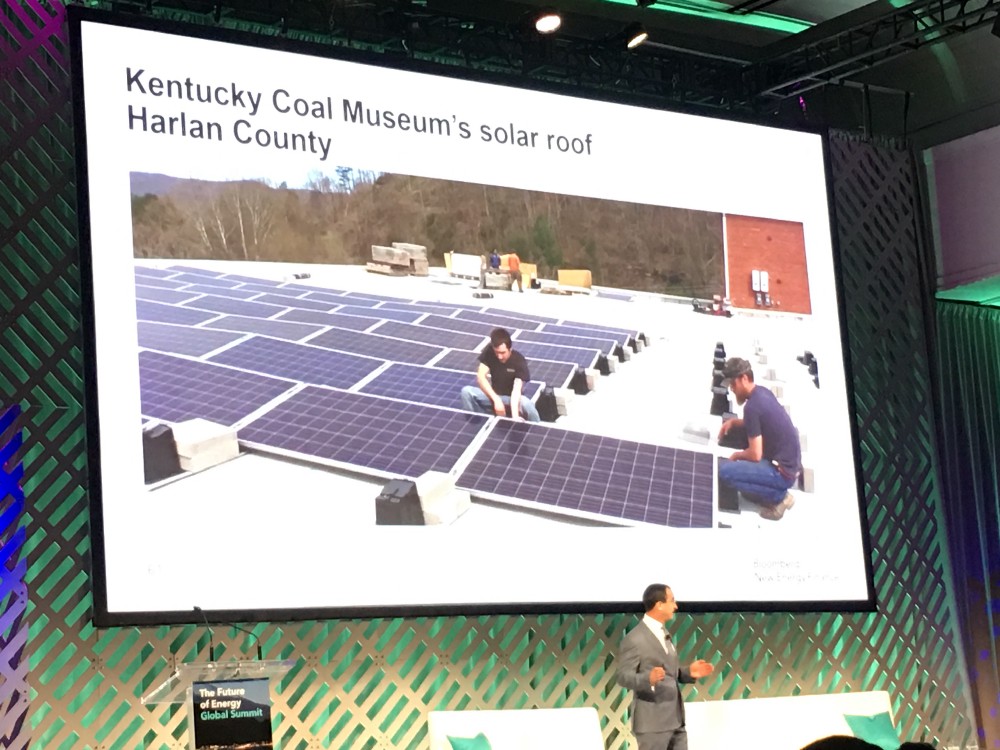 Bloomberg New Energy Finance chair Michael Liebreich giving his keynote talk at the April BNEF Summit in New York City. Credit: J. Romm