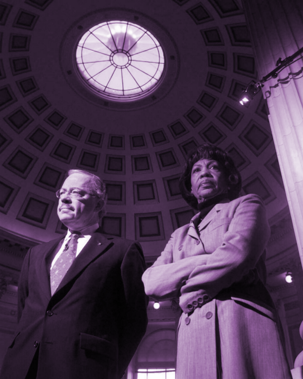 Rep. Bob Barr (R-GA) and Waters stand for a TV interview on Capitol Hill, Dec. 1998. CREDIT: AP