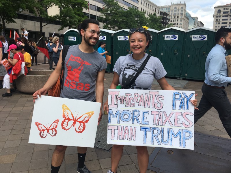 Trey Nevis (left) and Angeles Solis (right) at the May Day strike in Washington, D.C. CREDIT: Esther Yu Hsi Lee