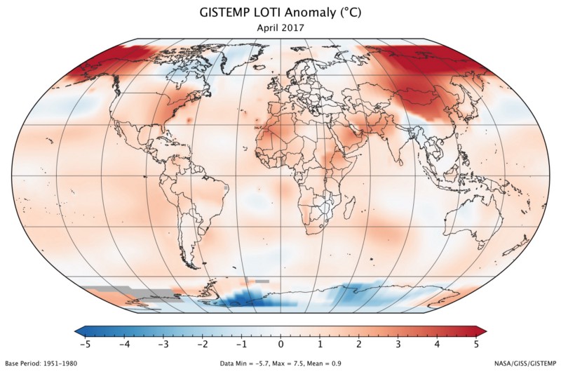 NASA’s Land Ocean Temperature Index (LOTI) data for April. CREDIT: NASA.