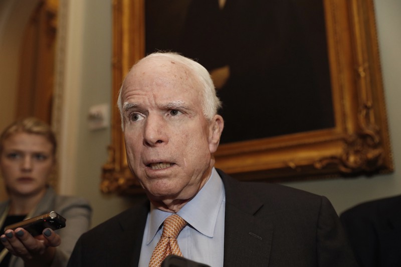 Sen. John McCain, R-Ariz. listens to a reporter’s question before a policy luncheon on Capitol Hill in Washington, Tuesday, April 25, 2017. CREDIT: AP/Alex Brandon