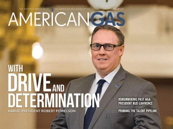 Pennsylvania PUC commissioner Robert Powelson, a Trump nominee for FERC commissinoer, appears on the cover of the February 2017 issue of American Gas magazine. CREDIT: American Gas Association