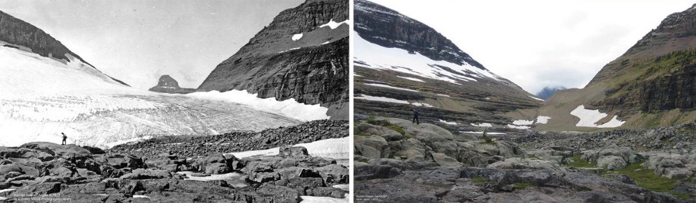 Boulder Glacier in 1918 (left) and 2012 (right). CREDIT: USGS