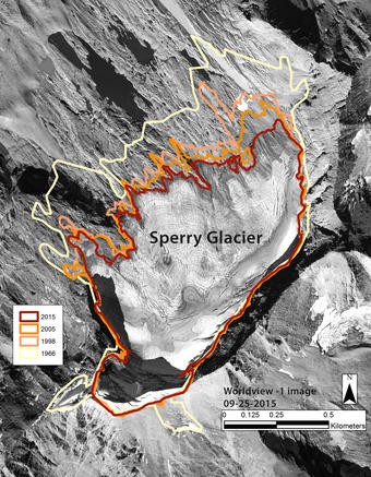 The perimeter of Sperry Glacier in 1966,1998, 2005, and 2015. CREDIT: USGS