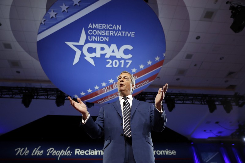 Nigel Farage, leader of the United Kingdom’s Independence Party, speaks at the Conservative Political Action Conference (CPAC), Friday, Feb. 24, 2017, in Oxon Hill, Md. CREDIT: AP Photo/Alex Brandon