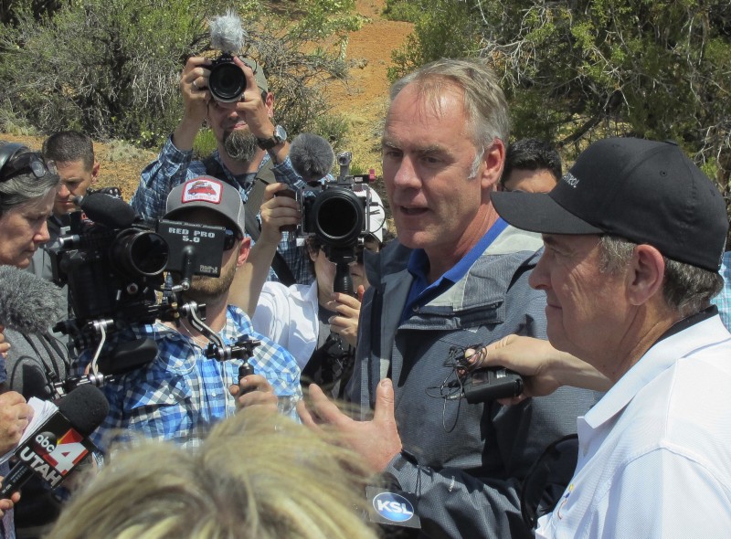 Interior Secretary Ryan Zinke with Utah Gov. Gary Herbert, right, during a May press conference in Bears Ears National Monument. CREDIT: AP Photo/Michelle Price