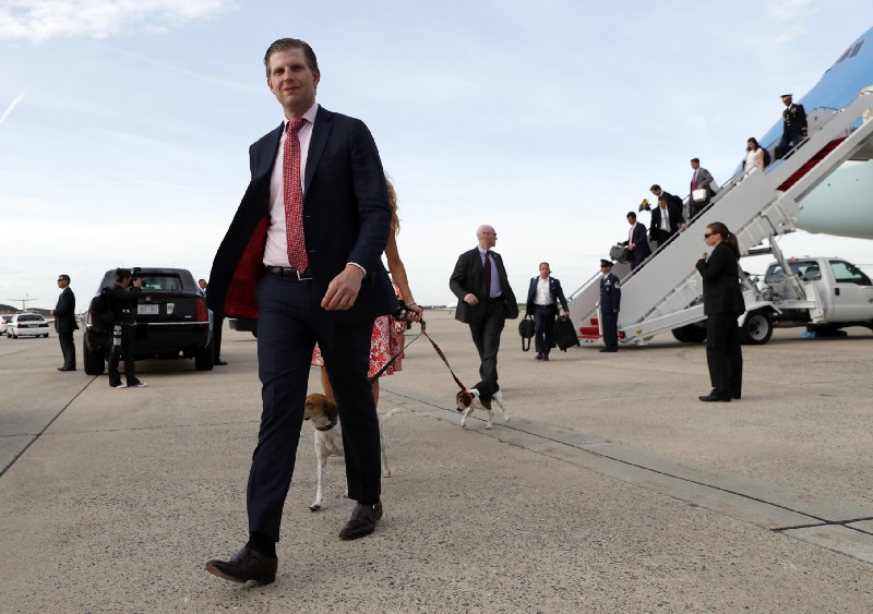 CREDIT: Eric Trump steps off Air Force One as he arrives Sunday, April 16, 2017, at Andrews Air Force Base, Md. President Donald Trump and family are returning from his Mar-a-Largo resort in Florida. CREDIT: AP Photo/Alex Brandon