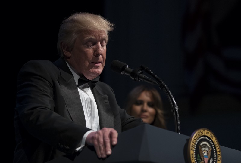 President Donald Trump, joined by first lady Melania Trump, pauses as he speaks during the Ford’s Theatre Annual Gala at the Ford’s Theatre in Washington, Sunday, June 4, 2017. CREDIT: AP Photo/Carolyn Kaster