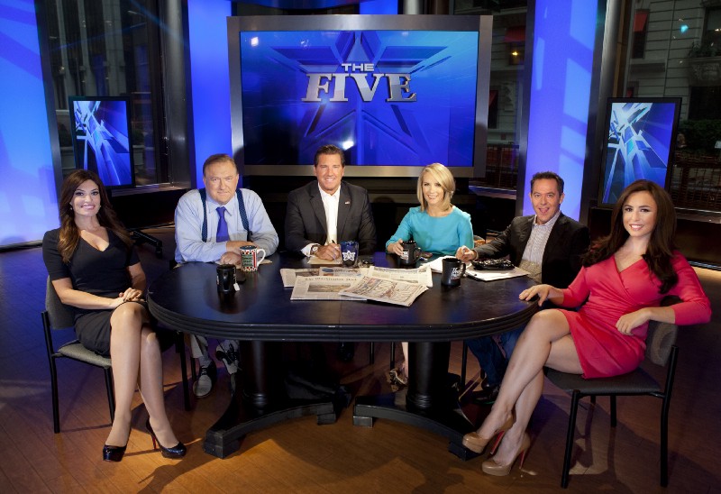 Kimberly Guilfoyle, from left, Bob Beckel, Eric Bolling, Dana Perino, Greg Gutfeld and Andrea Tantaros co-hosts of Fox News Channel’s “The Five,” following a taping of the show in New York. CREDIT: AP Photo/Carlo Allegri