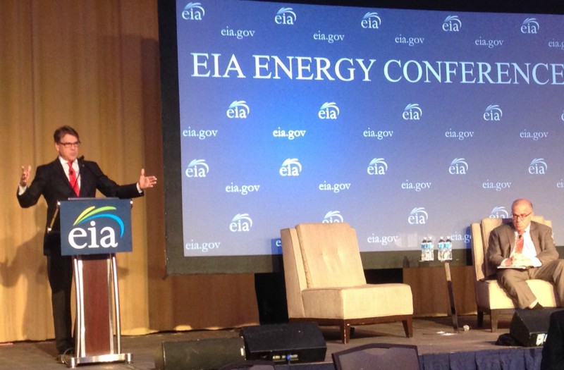 Energy Secretary Rick Perry speaks at the 2017 EIA energy conference in Washington, D.C., on June 27, 2017, as conference host, EIA acting administrator Howard Gruenspecht, sits at right. CREDIT: Mark Hand/ThinkProgress