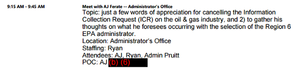 Pruitt had a half-hour meeting with the Oklahoma Independent Petroleum Association to be thanked for rolling back an information request on methane.
