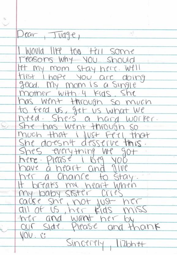 A letter Lizbhet wrote to the immigration judge about her mother. CREDIT: Georgia Latino Alliance for Human Rights (GLAHR)