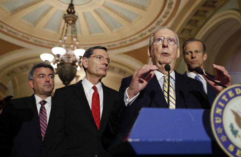 Senate Majority Leader Mitch McConnell, accompanied by Senate Republican leaders, speaking to reporters on Capitol Hill. CREDIT: AP Photo/Pablo Martinez Monsivais