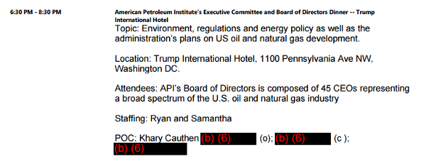 As EPA head, Pruitt attended the executive meeting and dinner for the American Petroleum Institute’s annual board meeting.