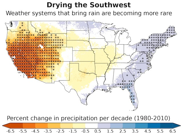 The changes in precipitation that can be attributed to the changing U.S. climate. The data ends in 2010, so this chart omits the brutal SW drying seen since then. CREDIT: NCAR.
