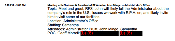 Pruitt met with the chairman and president of oil giant BP in March.