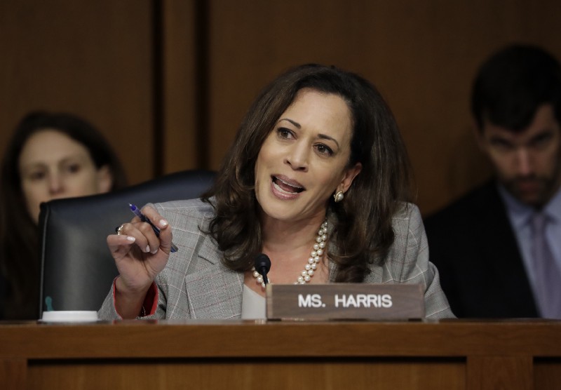 Sen. Kamala Harris, (D-CA), questions Attorney General Jeff Sessions who testified before the Senate Intelligence Committee about his role in the firing of FBI Director James Comey and the investigation into contacts between Trump campaign associates and Russia, on June 13, 2017. CREDIT: AP Photo/J. Scott Applewhite