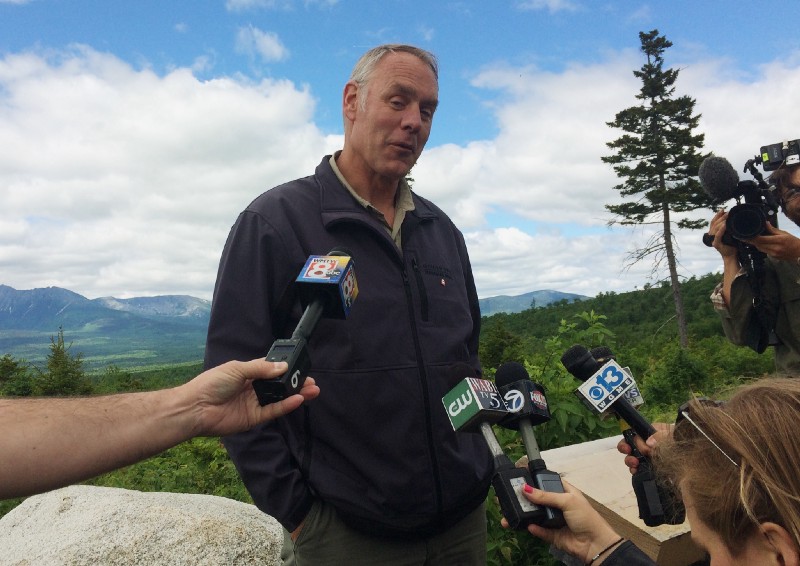Interior Secretary Ryan Zinke talks with reporters at the Katahdin Woods And Waters National Monument near Staceyville, Maine, June 14, 2017. CREDIT: AP Photo/Patrick Whittle
