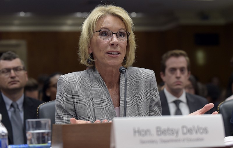 Education Secretary Betsy DeVos testifies on Capitol Hill in Washington, June 6, 2017, before the Senate Appropriations Committee, Labor, Health and Human Services, Education, and Related Agencies Subcommittee hearing on the fiscal year 2018 budget. CREDIT: AP/Susan Walsh