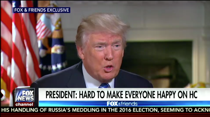 President Donald Trump called for unity with Democrats during an interview on Fox and Friends that aired Sunday morning, even as he slurred a Democratic senator on Twitter. CREDIT: Fox News screenshot