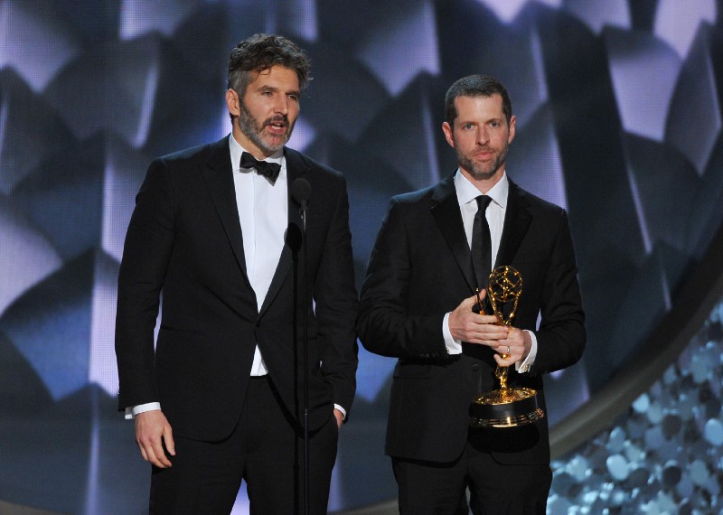 David Benioff, left, and D.B Weiss accept the award for outstanding writing for a drama series for “Game of Thrones” at the 68th Primetime Emmy Awards on Sunday, Sept. 18, 2016. CREDIT: Vince Bucci/Invision for the Television Academy/AP Images