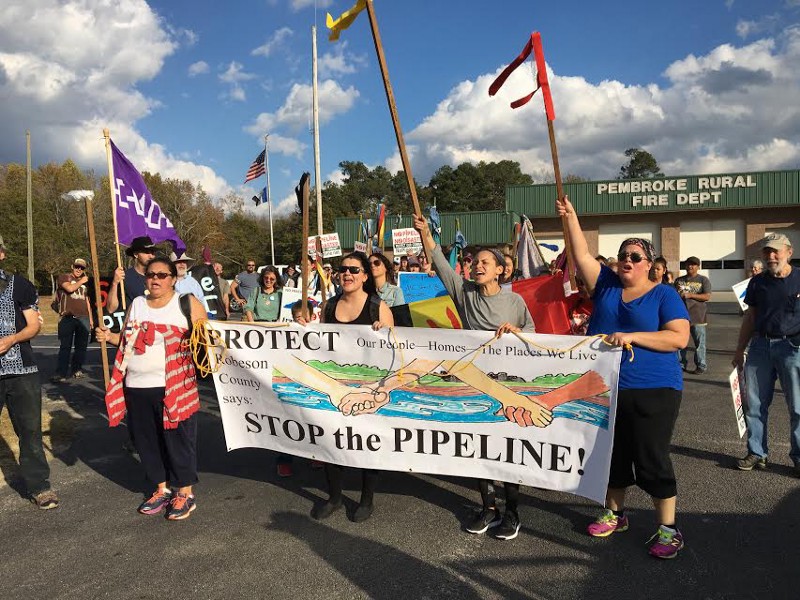 Community residents, including members of North Carolina tribes, protest the Atlantic Coast Pipeline in Pembroke, North Carolina, in November 2016. CREDIT: Alliance to Protect Our People and the Places We Live/Steve Norris